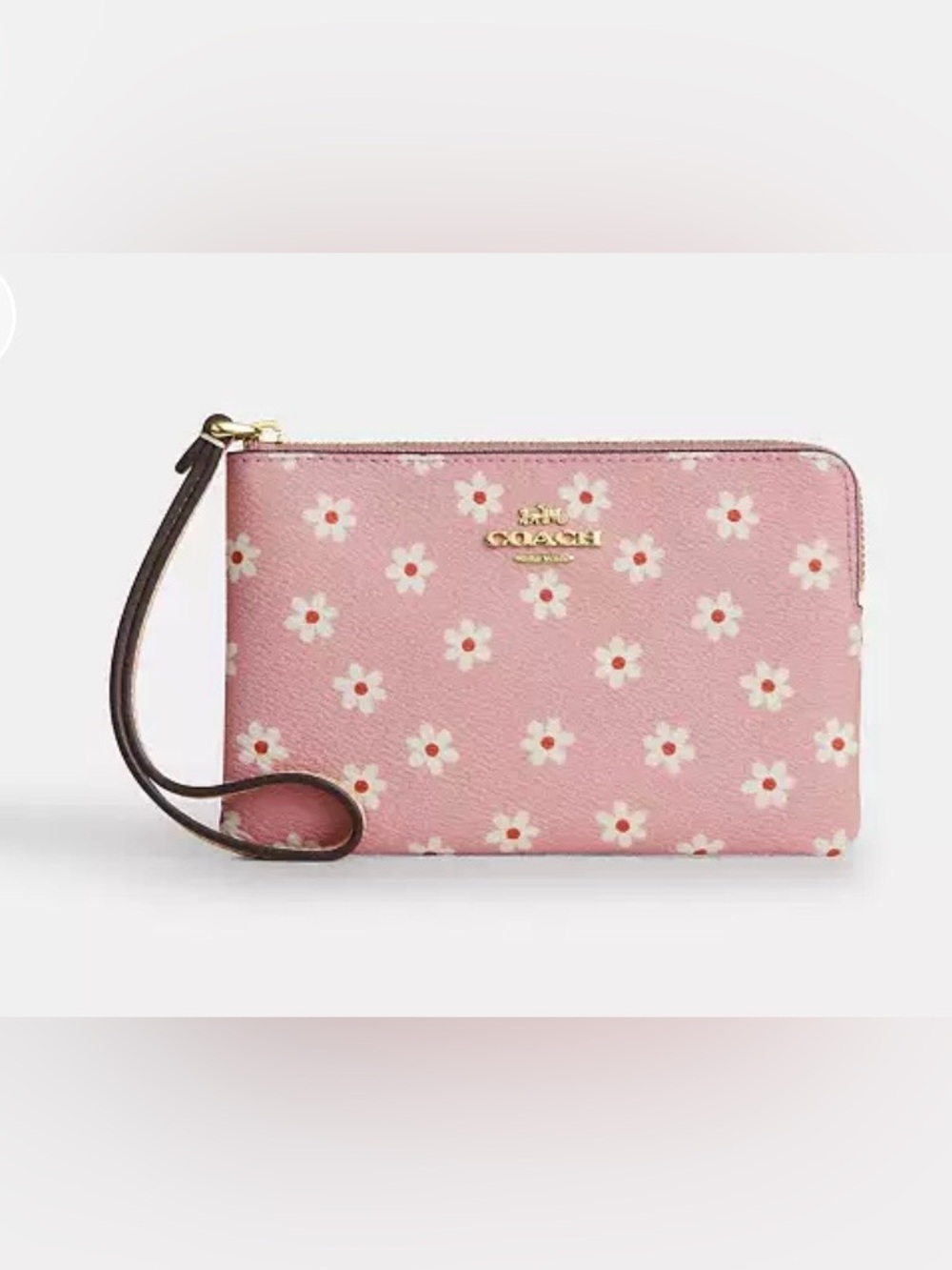 Coach Pink with White Floral Daisy Print Corner Zip Wristlet
